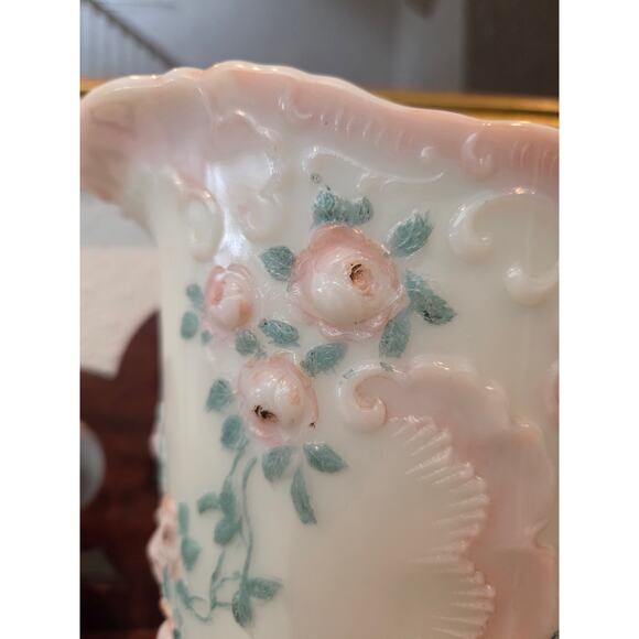 Antique Dithridge Milk Glass Rose Pitcher 8" EAPG Hand Painted Victorian 1800s - Picture 3 of 10